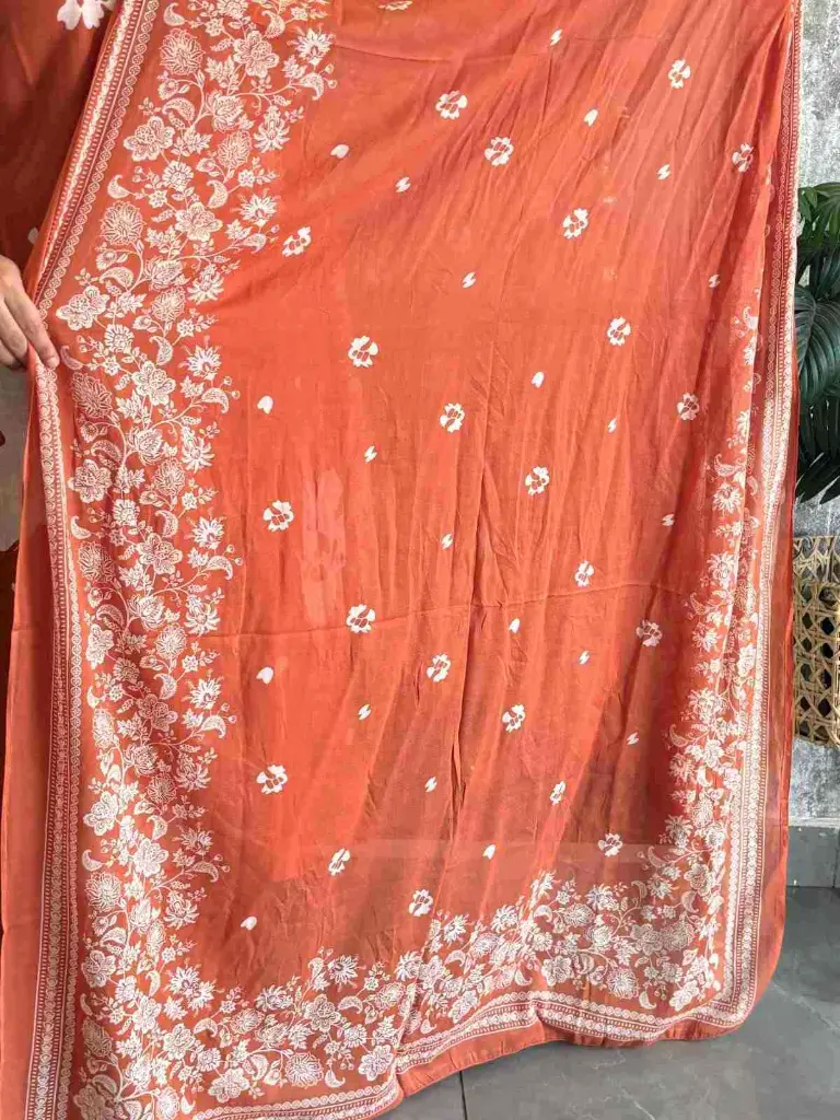 Rust Cotton 3pc Set with White Flower V neck 4.webp