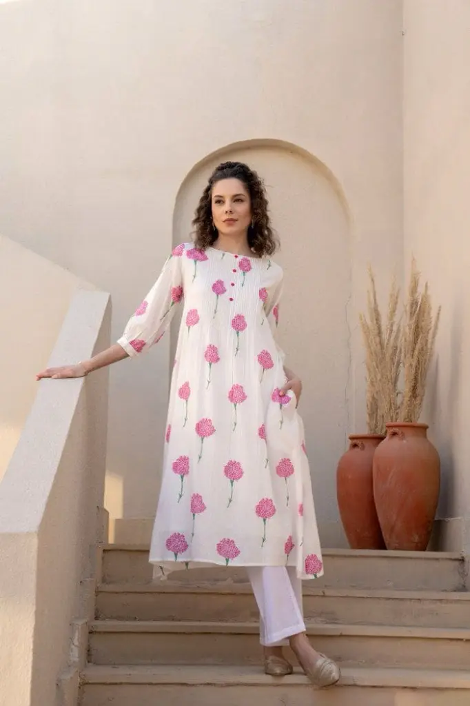 White and Pink Block Print Kurta Pant Set (4).webp