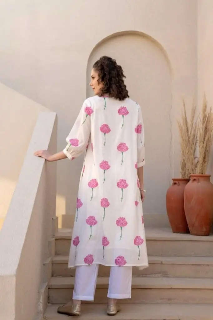 White and Pink Block Print Kurta Pant Set.webp