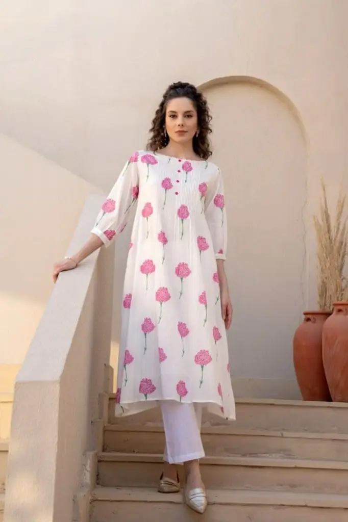 White and Pink Block Print Kurta Pant Set (3).webp