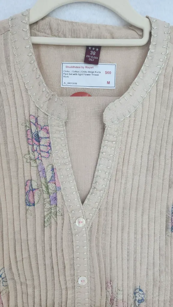 Chiku Beige Kurta Pant Set with light Flower Thread Work1.webp