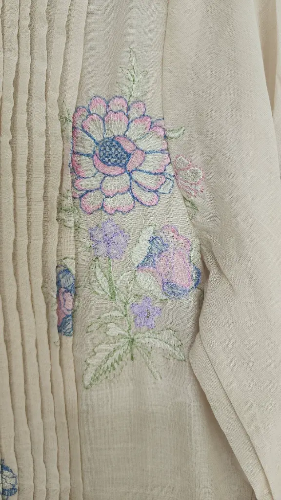 Chiku Beige Kurta Pant Set with light Flower Thread Work.webp