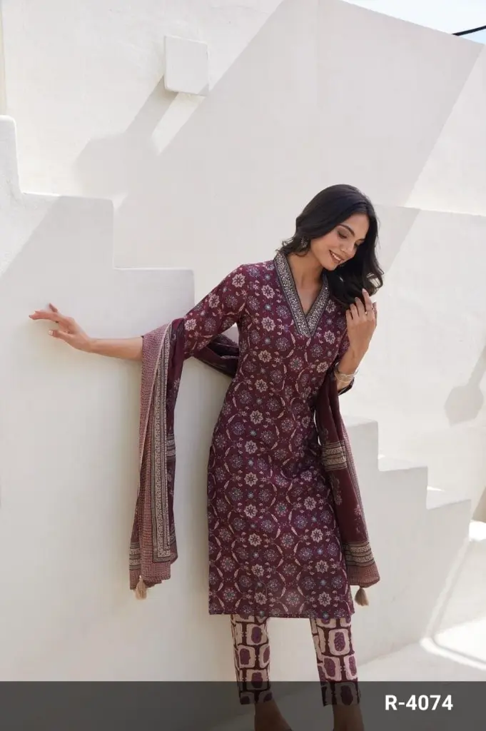 Marron V neck Floral Printed Suit with Dupatta contrast pants 2.webp