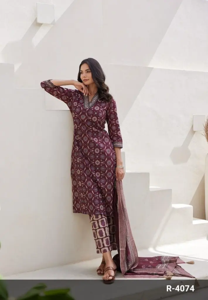 Marron V neck Floral Printed Suit with Dupatta contrast pants.webp