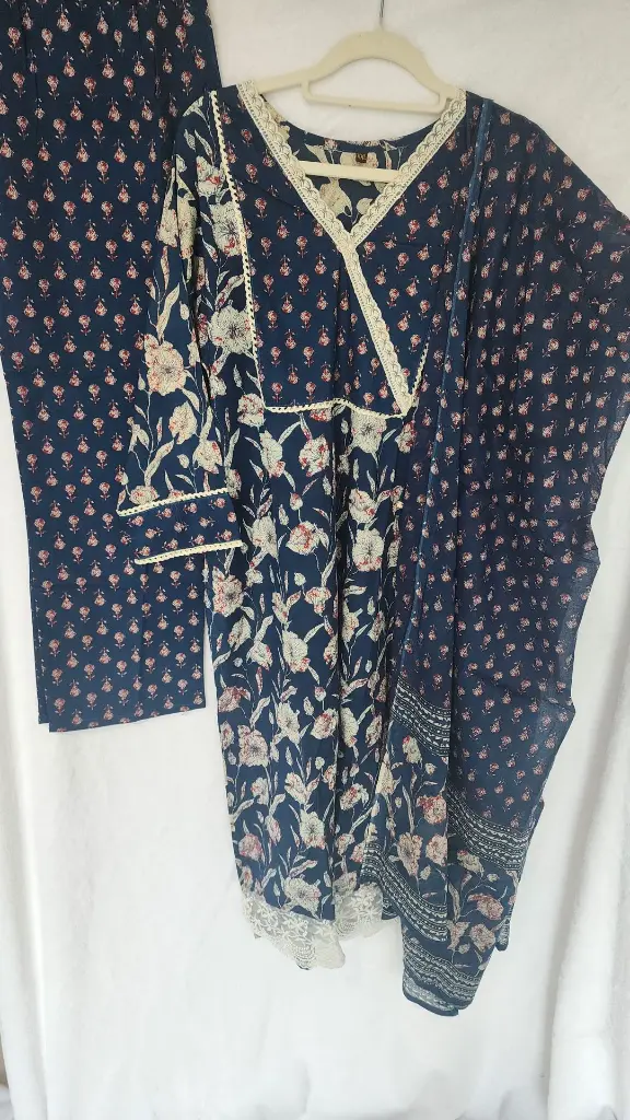 Navy Blue Cotton Floral Print Suit Lace.webp