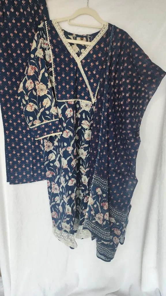 Navy Blue Cotton Floral Print Suit Lace 4.webp