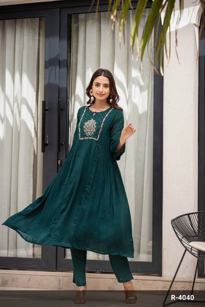 Bottle Green   Chinnon   Party Wear Monocrome Suit with Side gathers and work 1.webp