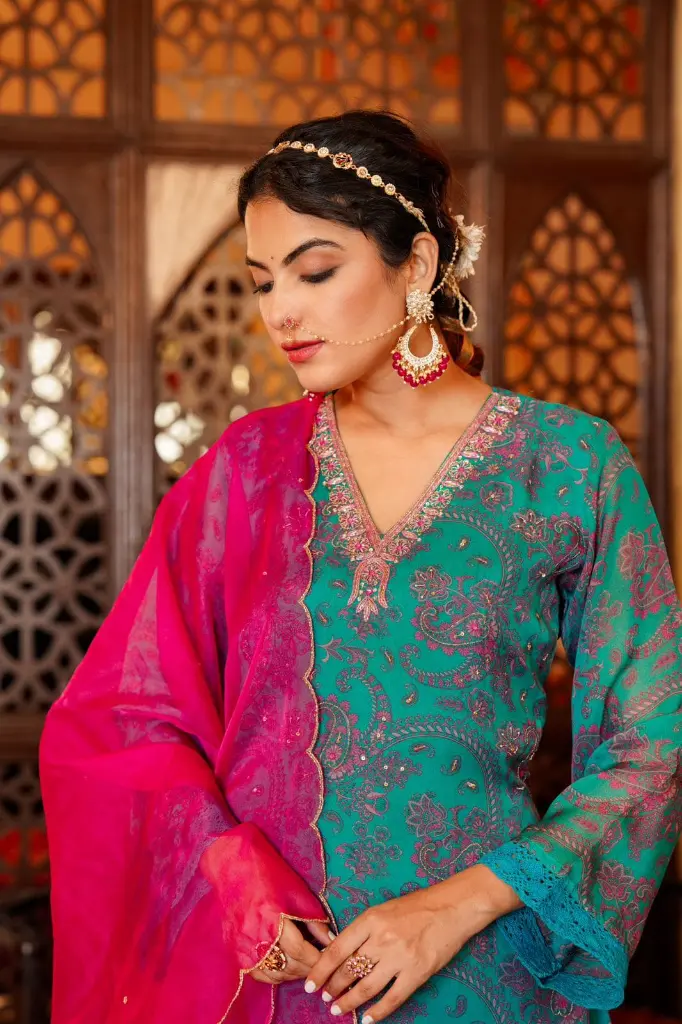 Green Chinnon   Plazzo Suit with contrast Pink Dupatta 2.webp