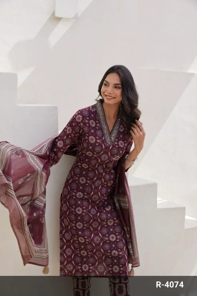 Marron V neck Floral Printed Suit with Dupatta contrast pants3.webp
