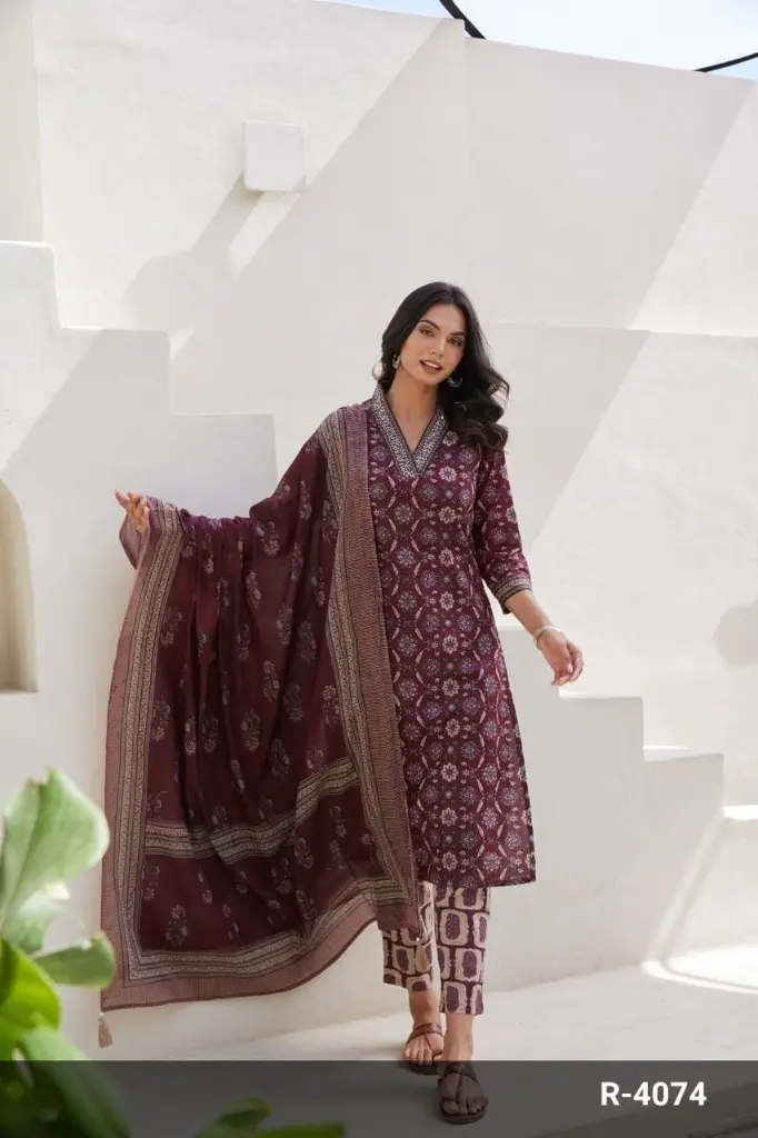Marron V neck Floral Printed Suit with Dupatta contrast pants4.webp