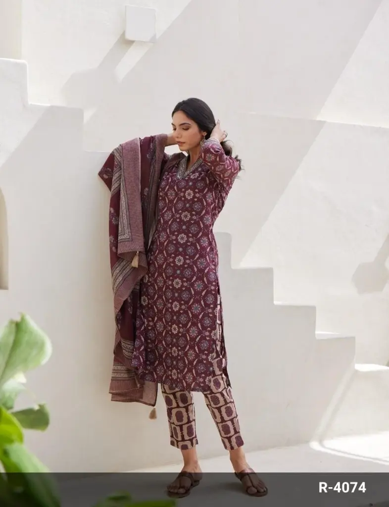 Marron V neck Floral Printed Suit with Dupatta contrast pants.webp
