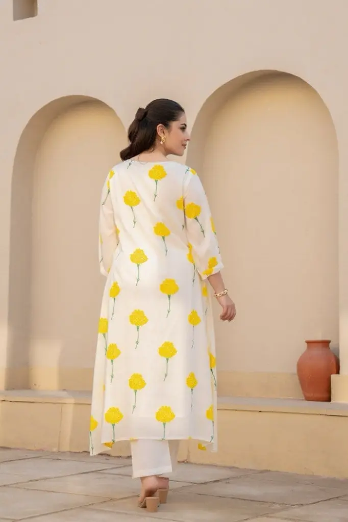 White and Yellow Block Print Kurta Pant Set.webp