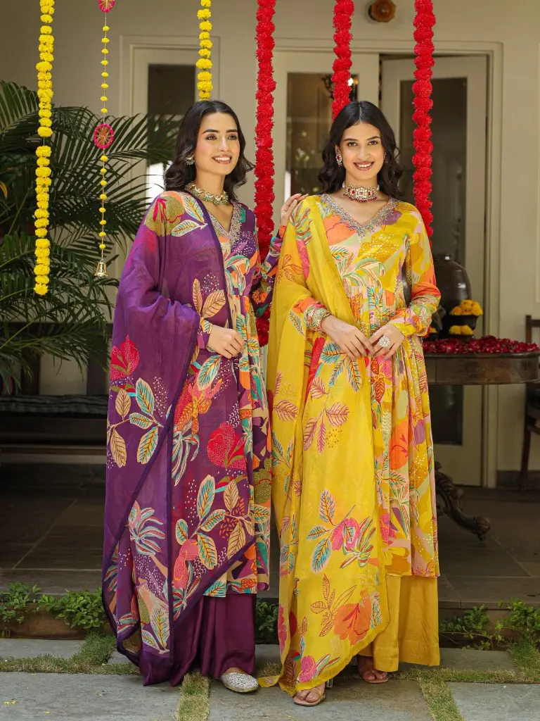 Yellow and Purple Premium Crape Party Wear Suit.webp