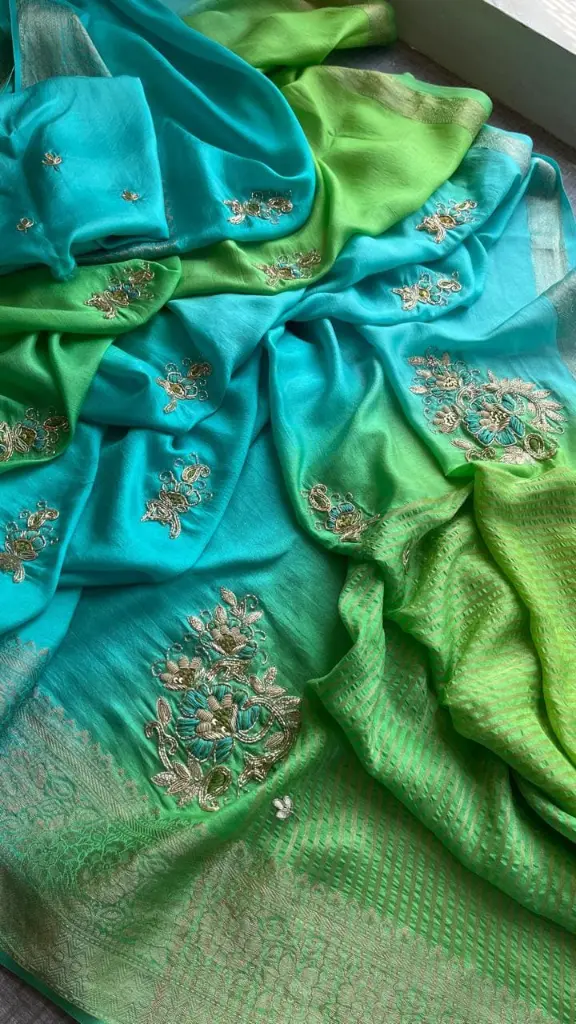 Blue Green Munga Silk Banarasi Weaving Zardozi & Pearl Sequins with Resham.webp