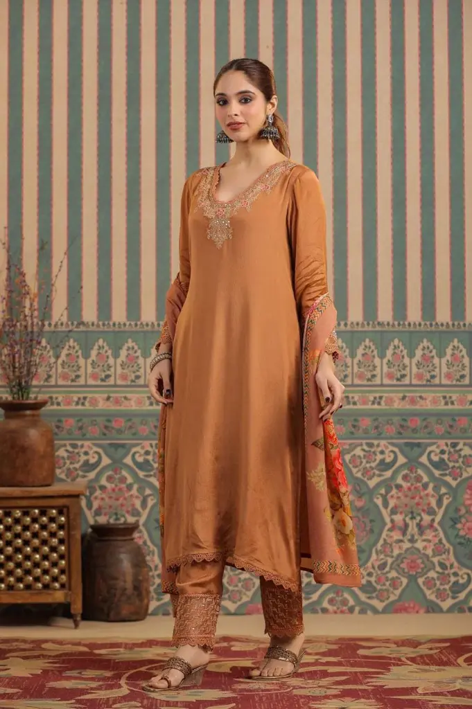 Rust light Brown  Chinnon  3 pc Suit with net with work on pant.webp