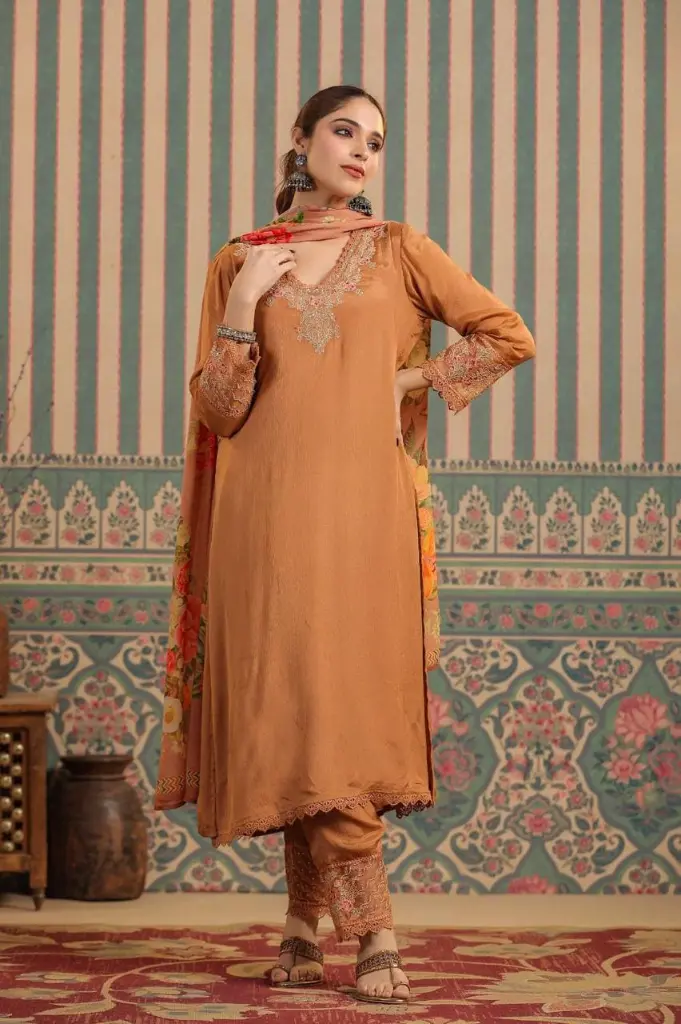 Rust light Brown  Chinnon  3 pc Suit with net with work on pant3.webp