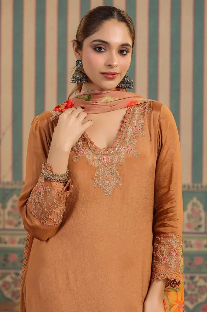 Rust light Brown  Chinnon  3 pc Suit with net with work on pant (2).webp