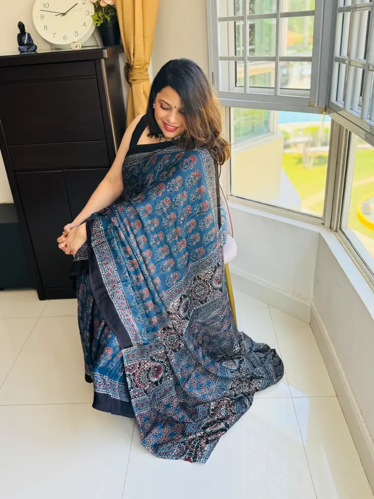Classy Blue Ajarakh Saree Singapore - Shuddh Desi SG 2.webp