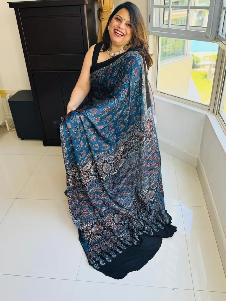 Classy Blue Ajarakh Saree Singapore - Shuddh Desi SG 3.webp