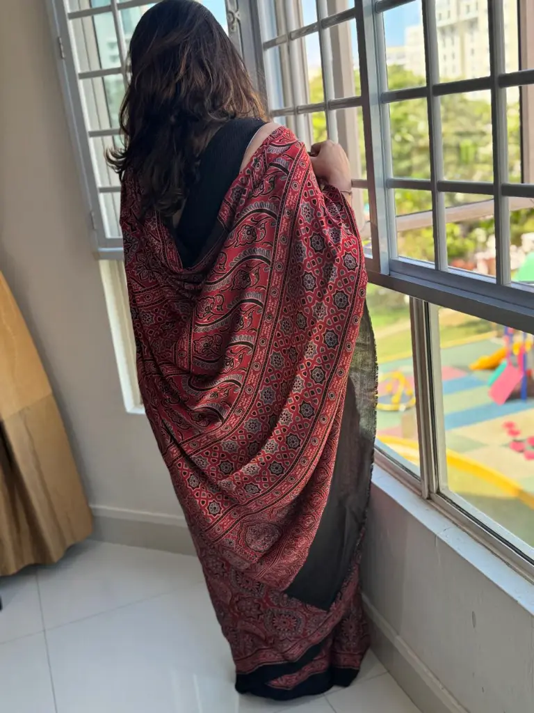 Red Ajrakh Modal Silk Saree Singapore - Shuddh Desi SG 2.webp