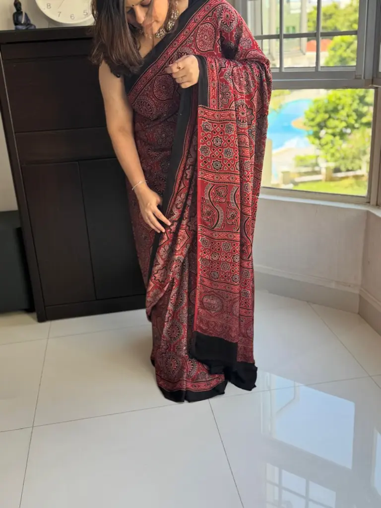 Red Ajrakh Modal Silk Saree Singapore - Shuddh Desi SG 3.webp