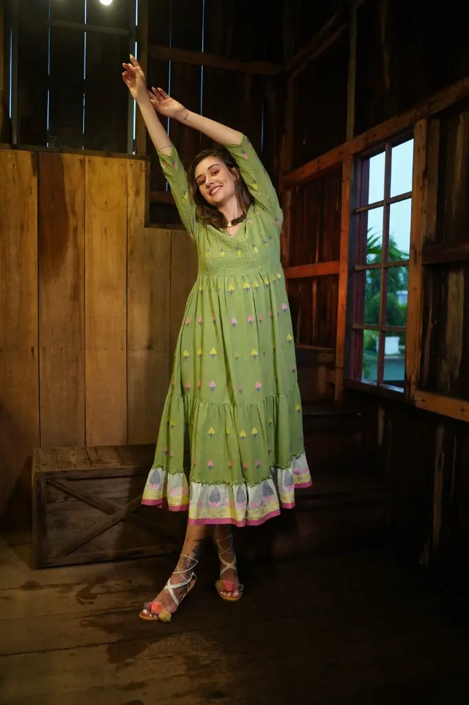 Green Pure Cotton Jamdani Dress .webp