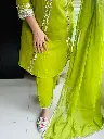 Green gota patti work A-line suit.webp
