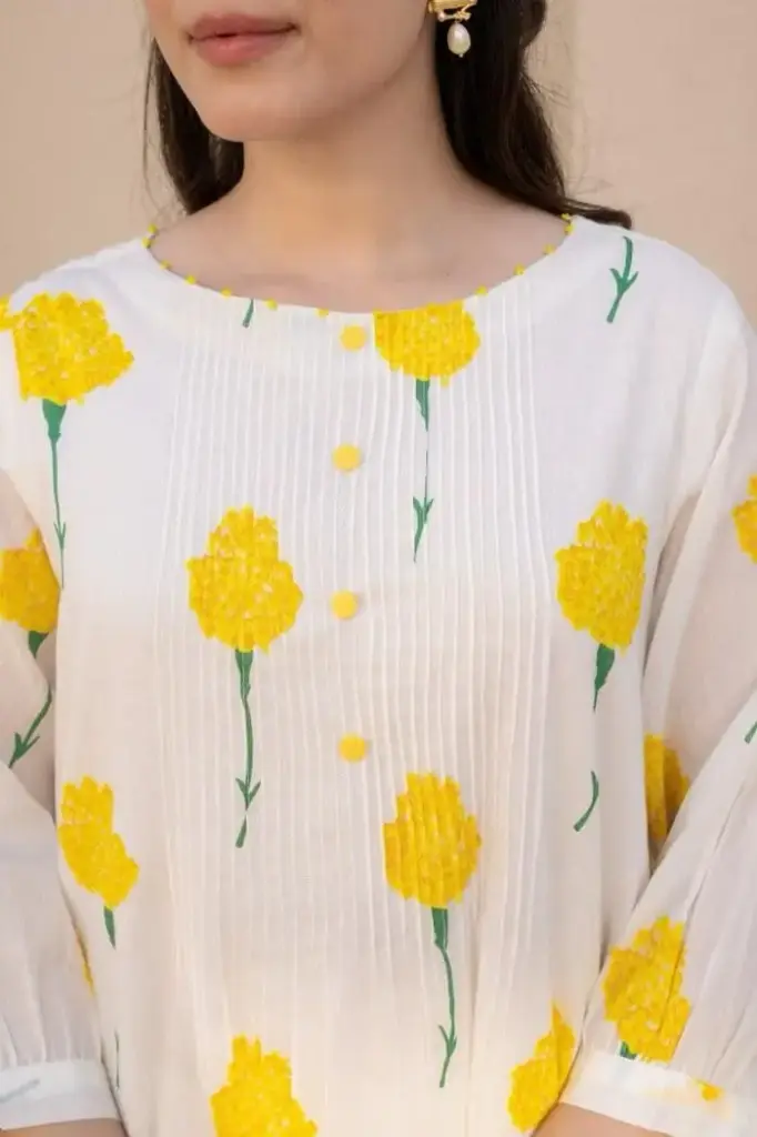 White Yellow  floral | Cotton | Stylish floral printed summer dress for women