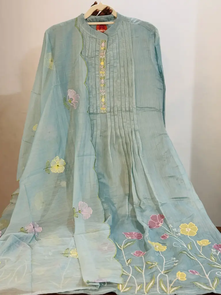 Blue  | Mul Chanderi | Stylish pastel Blue embroidered kurta set