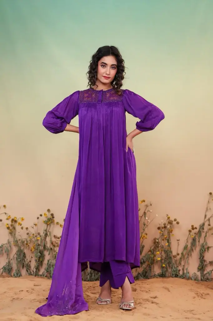 Purple | Chinnon | Elegant purple embroidered suit for festive wear