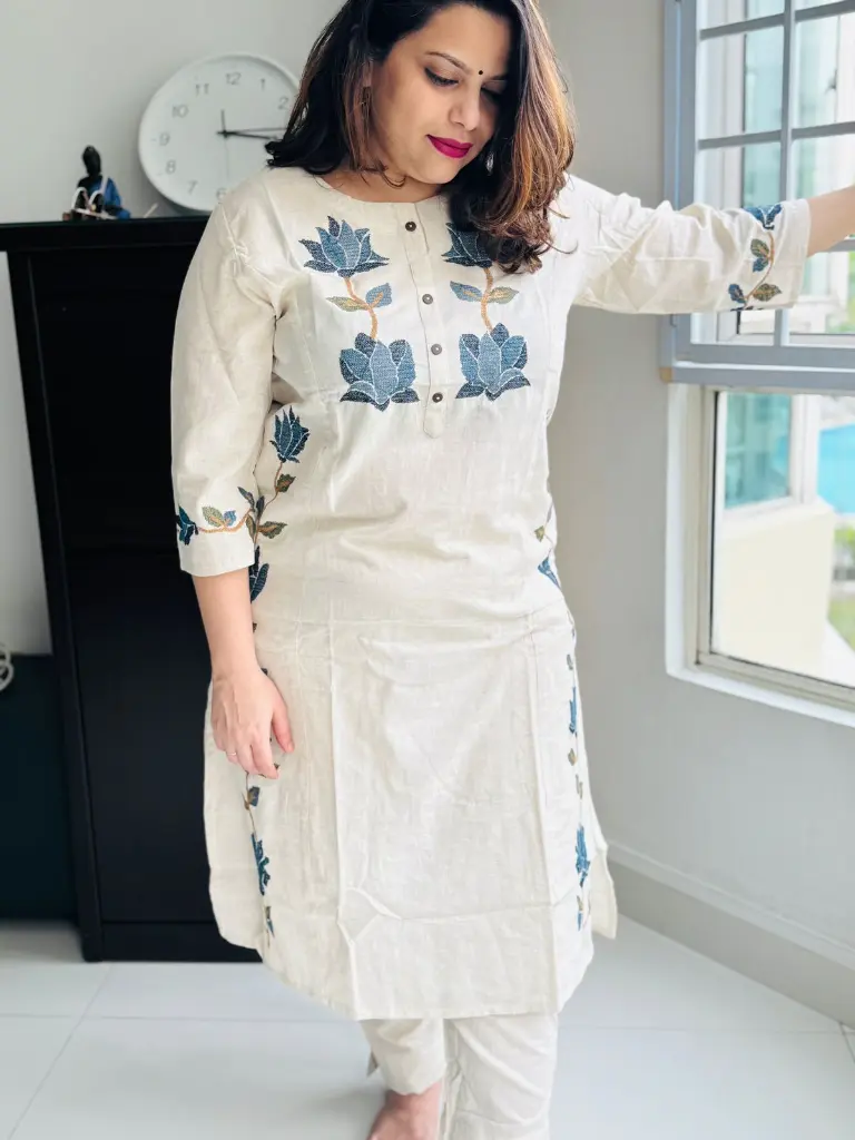 White  | Pure cotton  | Hand-embroidered Kurta Pant for women