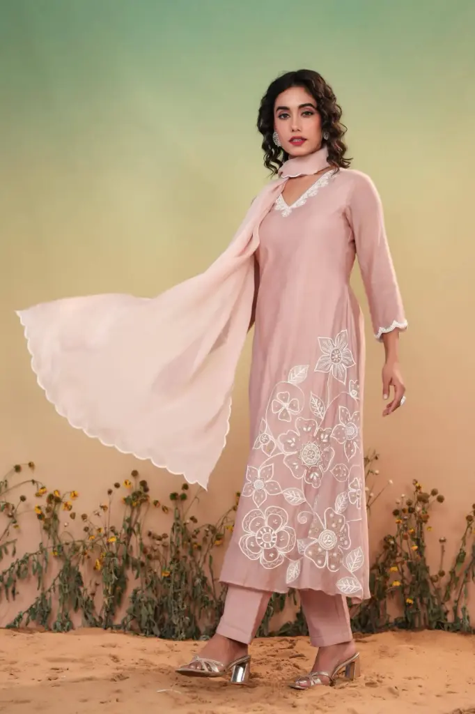Pastel Pink  | Mul Chanderi | Handcrafted Peal embroidery, elegant Indian ethnic wear