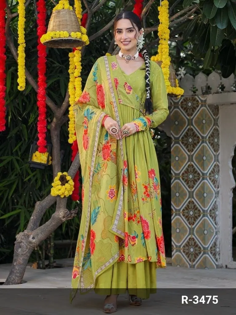 Green  | Premium Crape  | Green Premium Crape Party Wear Suit