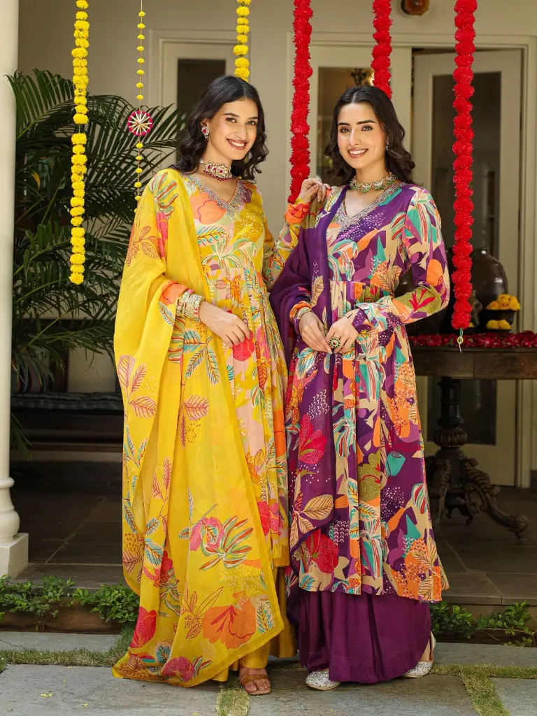 Yellow  | Premium Crape  | Yellow Premium Crape Party Wear Suit