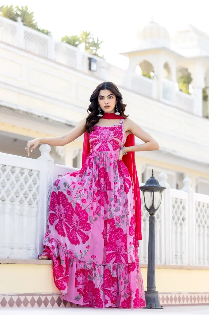 Pink  | Premium Chinnon  | Beatiful Flowler Design with work on yoke Indowestern Dress with Dupata 