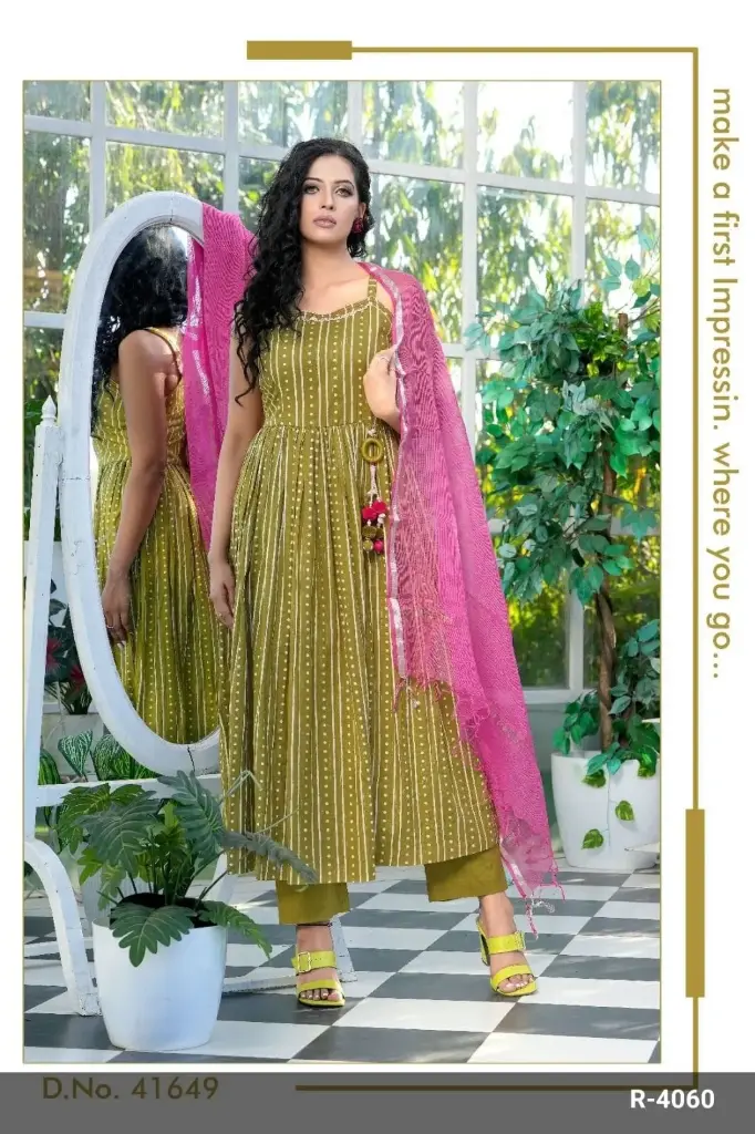 Green and Pink | Pure cotton  | Beautyful Green striped Suit with Noodle Traps