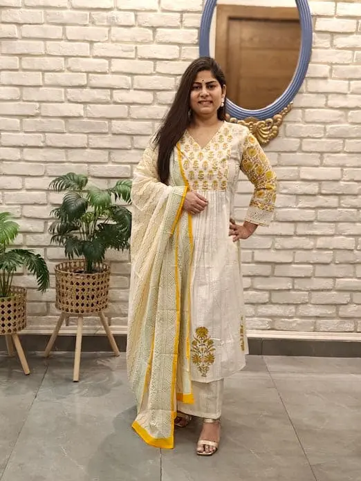 Yellow White  | Cotton  | Yellow Block Print Suit (SD_HSU45102)