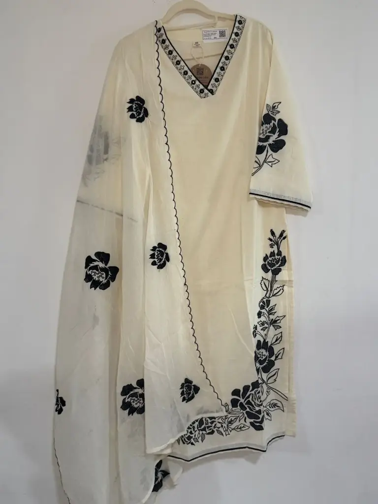 White Black | Premium Cotton | White with black embroidery Suit