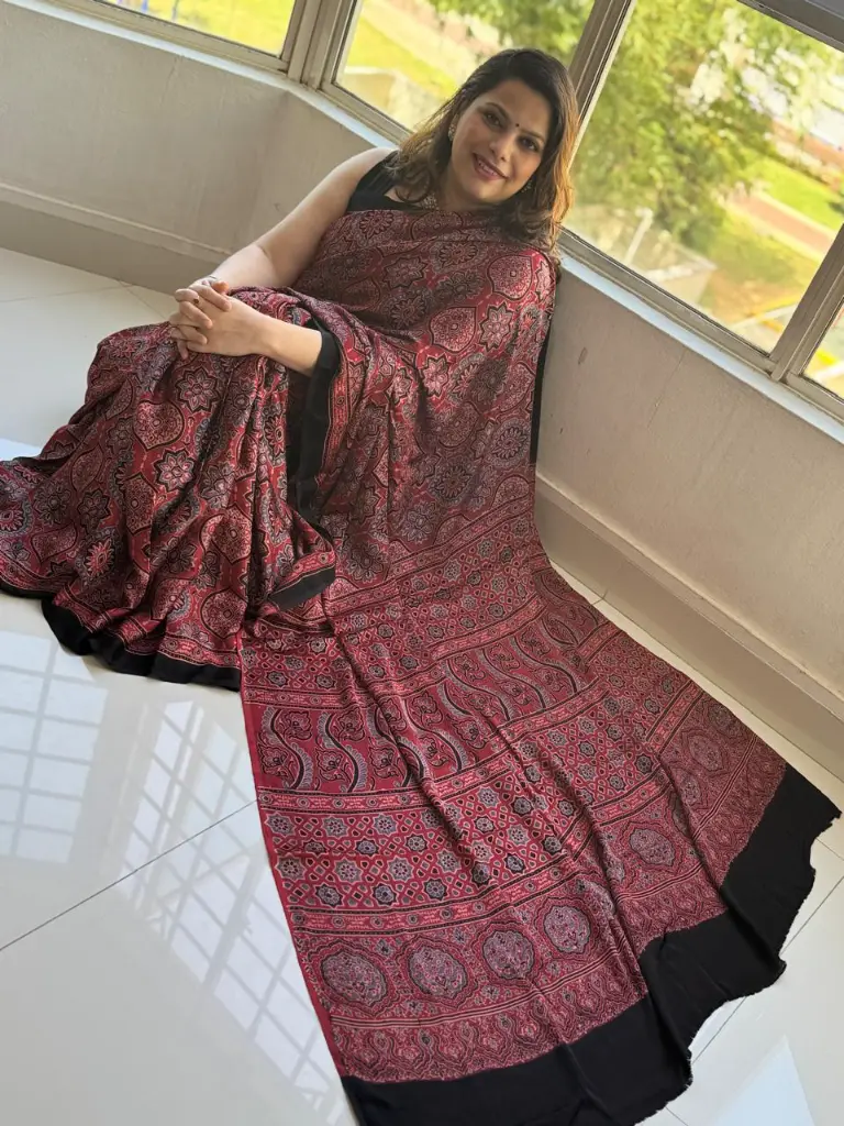 Red  | Premium quality Ajrakh Modal | Saree with Blouse