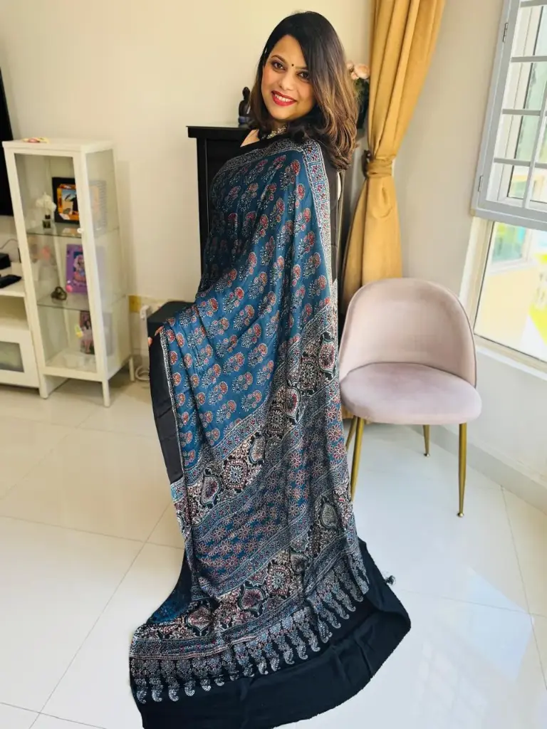 Blue  | Premium quality Ajrakh Modal Silk | Saree with Blouse