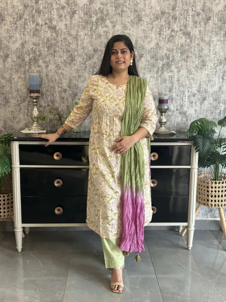 Green  | Cotton | 3pc Green/Pink Print all over with ombre Dupatta