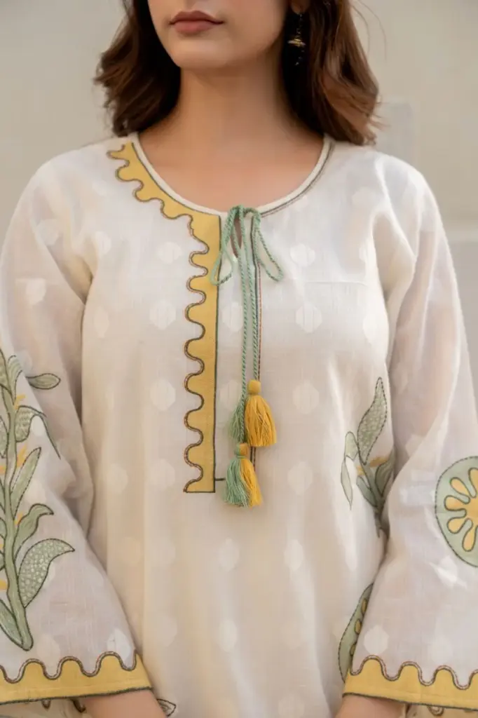 White | Mul Cotton | White Flower Digital Embroidered Coord Set