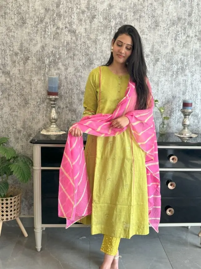 Yellow | Cotton | 3pc with Contrast Pink Leheriya Dupatta