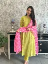 Yellow | Cotton | 3pc with Contrast Pink Leheriya Dupatta