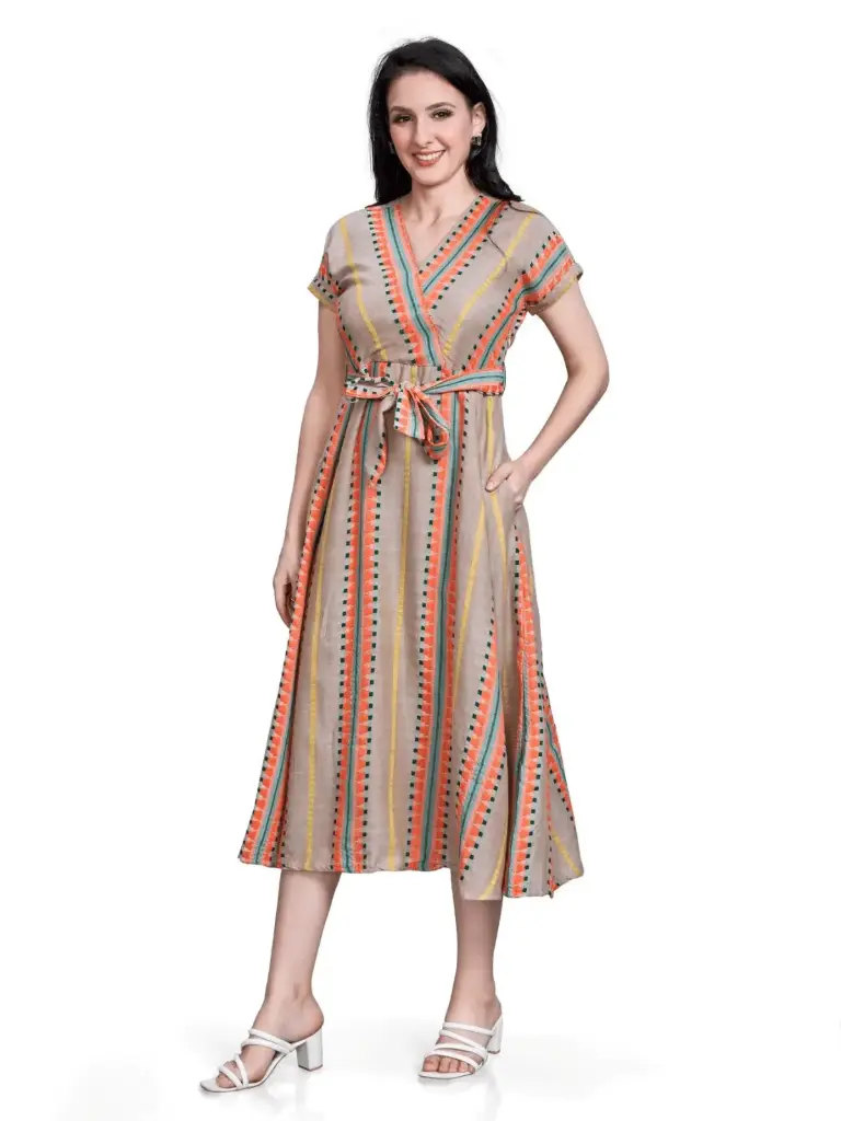 Beige and Orange | Cotton | Embroidered Dress Woven Fabric Beige and Orange 