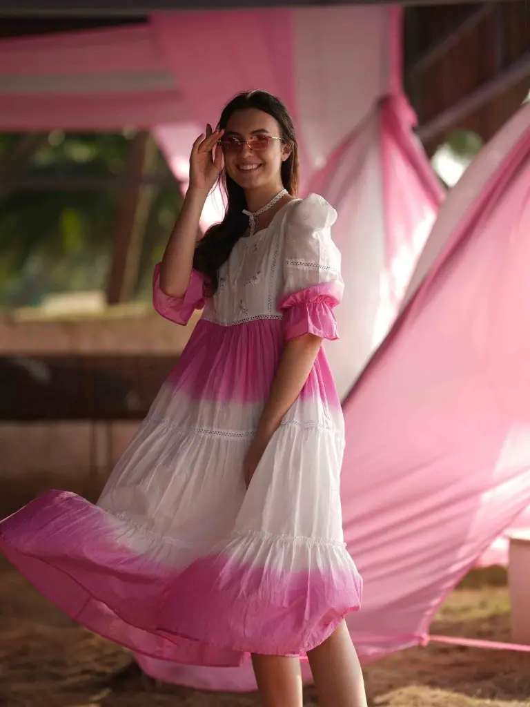 White Pink | Mul Cotton | White and Pink Shaded Dress 