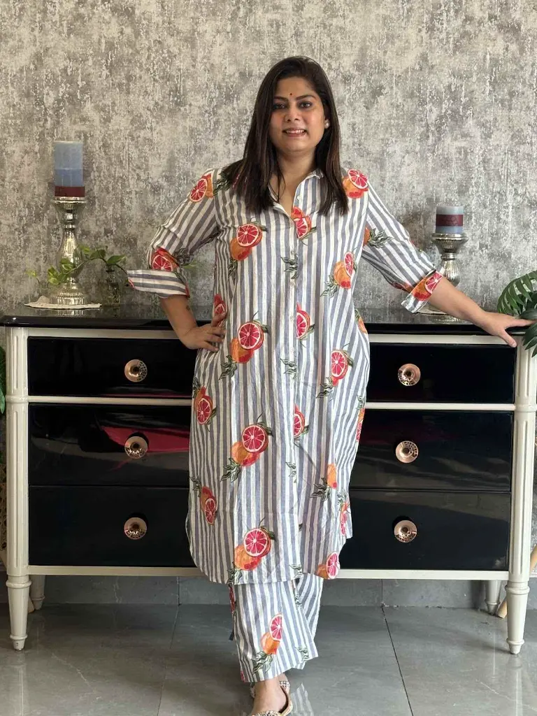 Grey White | Cotton | Grey Fruit Print Kurta Pant Set with Strips