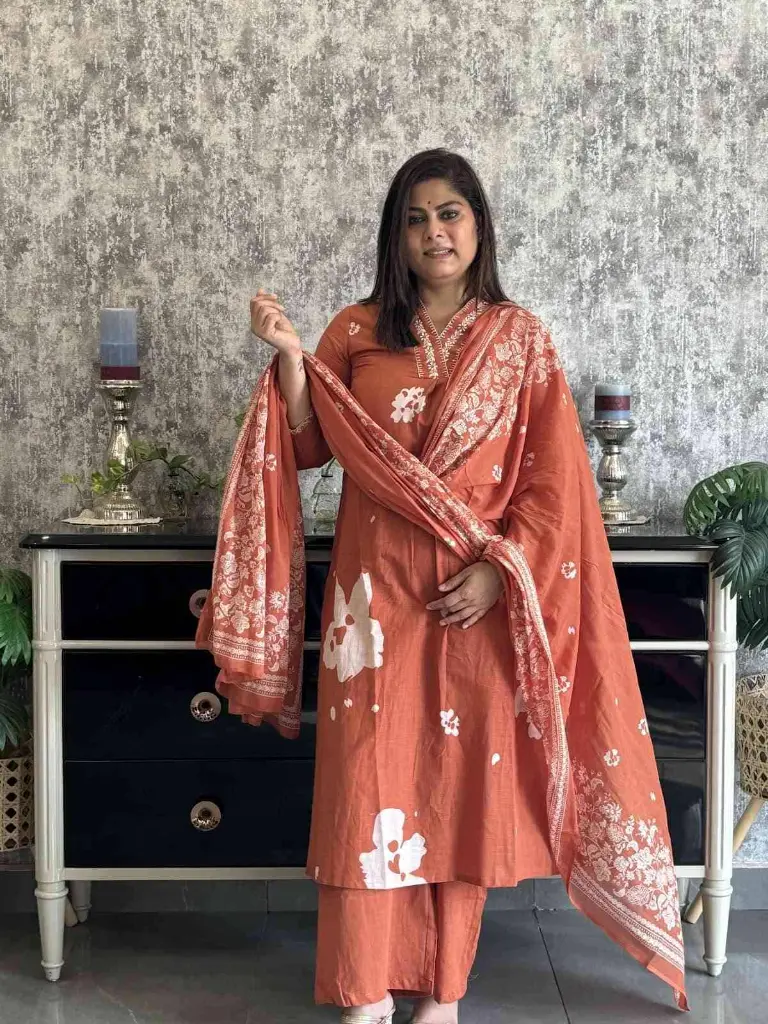 Rust Orange | Cotton | Rust Cotton 3pc Set with White Flower V neck