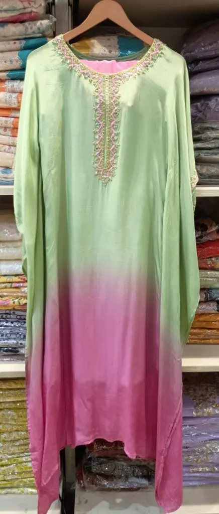 Pink/Green | Crape | Baby Pink with Green Kaftan with Work Crape 