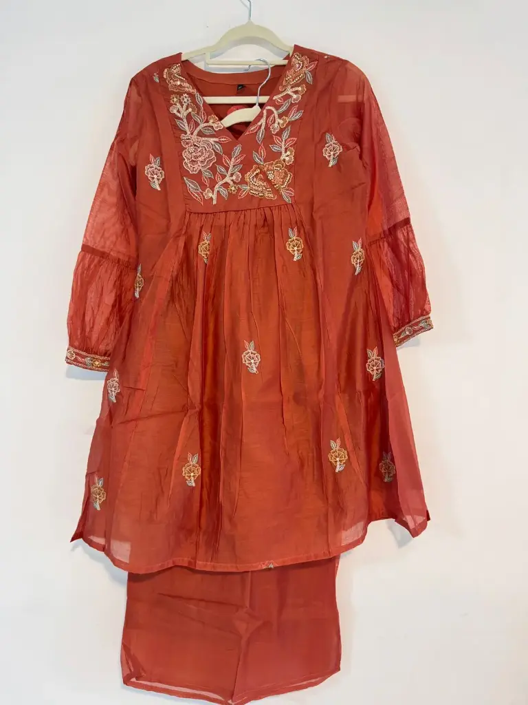 Rust Orange | Mul Chanderi | Rust Mul Chanderi Pearl  V Neck Palazzo(Kurta Pant) 